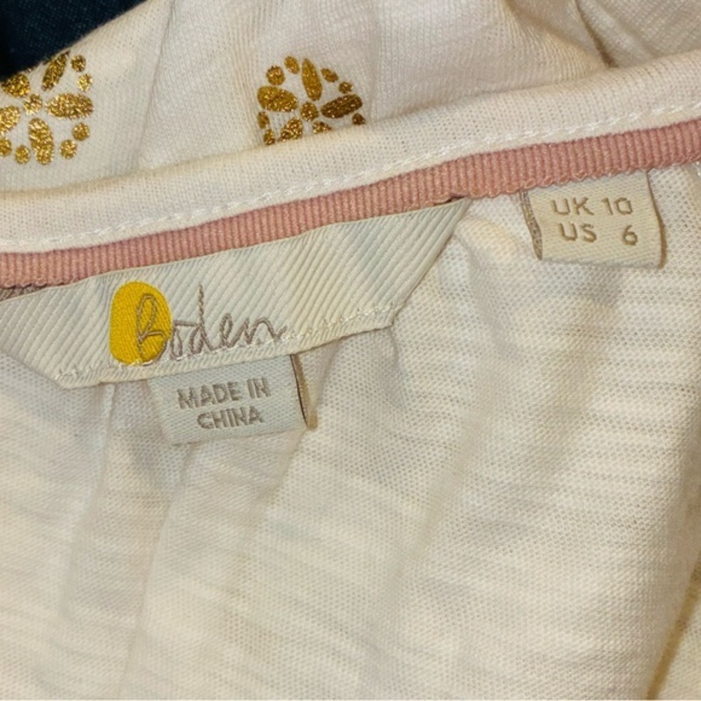 Boden Notch Neck Smocked Frill Top Ivory White Gold Dainty Foil Style T1034 - Picture 5 of 7